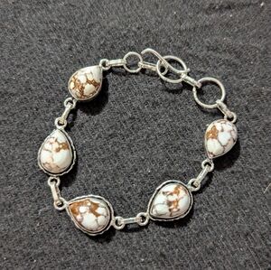 Silver Plated Brown White Wild Horse Jasper Gemstone Teardrop Statement Bracelet